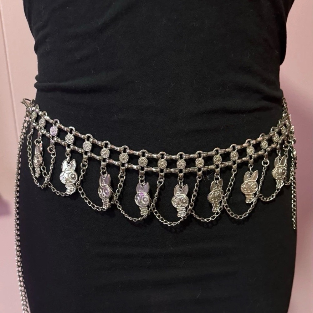 Vintage POWERPUFF GIRLS Silver Tone Waist Chain Charm Belt- Blossom Bubbles - Picture 5 of 12